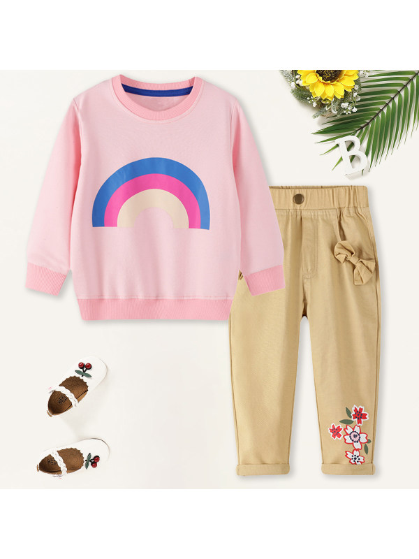 【18M-7Y】Girls Sweet Rainbow Pattern Sweatshirt Pants Set