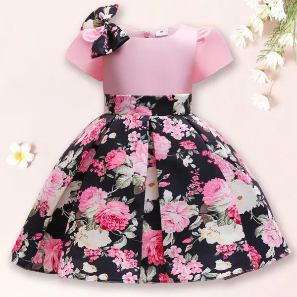 【2Y-11Y】 Girl Sweet Bow Flower Print Princess Dress - Popopiearab.com 