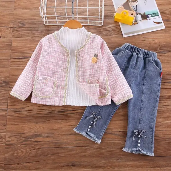 【12M-5Y】 Girl Sweet White T-shirt And Cardigan And Jeans Set - Popopiearab.com 