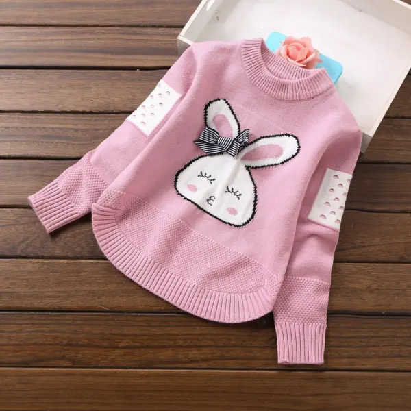 【2Y-13Y】Girls Cartoon Rabbit Embroidery Pattern Round Neck Knitted Sweater - Popopiearab.com 
