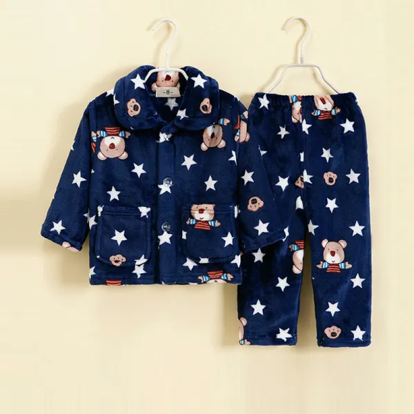 【18M-11Y】Boys Cartoon Bear Print Flannel Long-sleeved Pajamas Two-piece - Popopiearab.com 