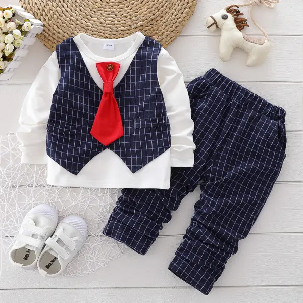 【2Y-6Y】Boys Check Pattern Stitching Long-sleeved Top And Pants Two-piece Suit - Popopiearab.com 