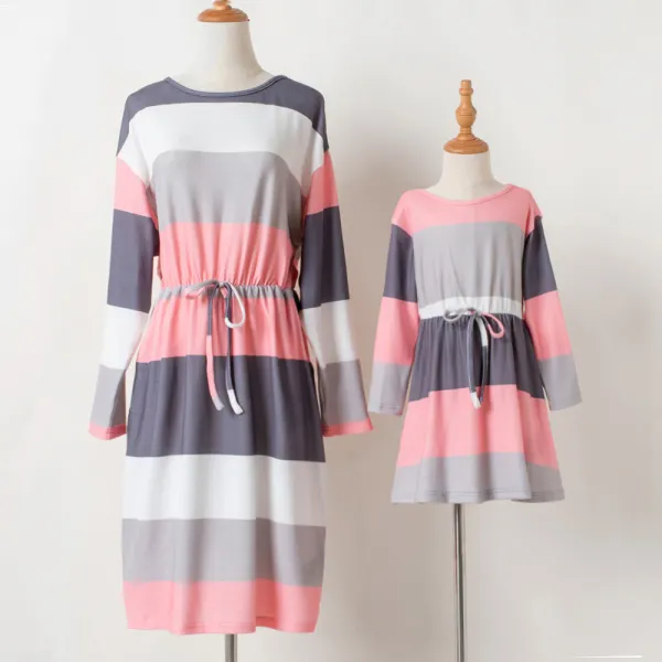 Sweet Striped Long Sleeve Mom Girl Matching Dress - Popopiearab.com 