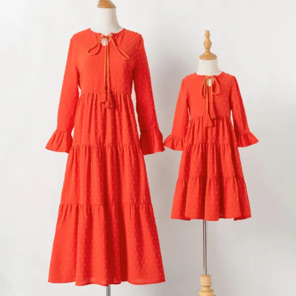 Sweet Red Jacquard Long Sleeve Mom Girl Matching Dress - Popopiearab.com 