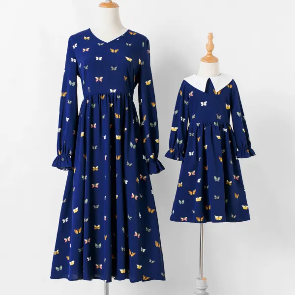 Sweet Navy Blue Butterfly Pattern Long Sleeve Mom Girl Matching Dress - Popopiearab.com 