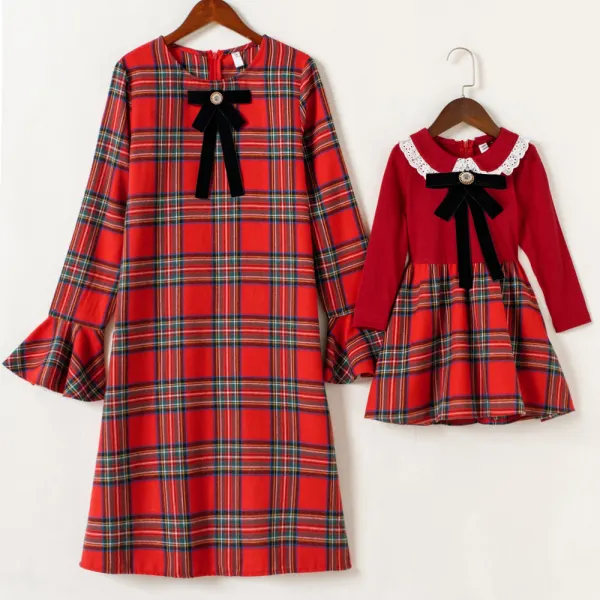 Sweet Red Plaid Bowknot Long Sleeve Mom Girl Matching Dress - Popopiearab.com 