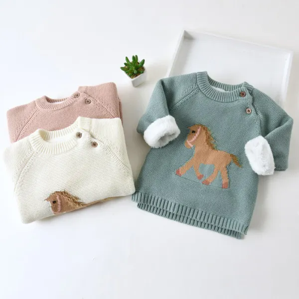 【6M-7Y】 Kids Cute Cartoon Horse Pattern Fleece Thick Sweater - Popopiearab.com 