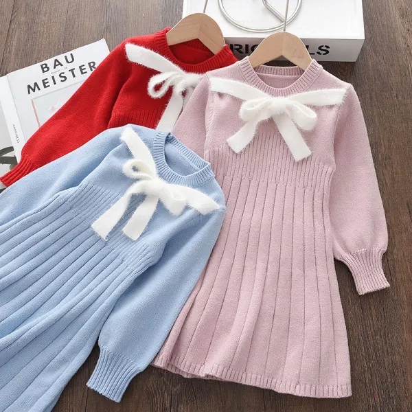 【18M-7Y】Girls' Bow-knot Decorated Long-sleeved Knitted Dress - Popopiearab.com 
