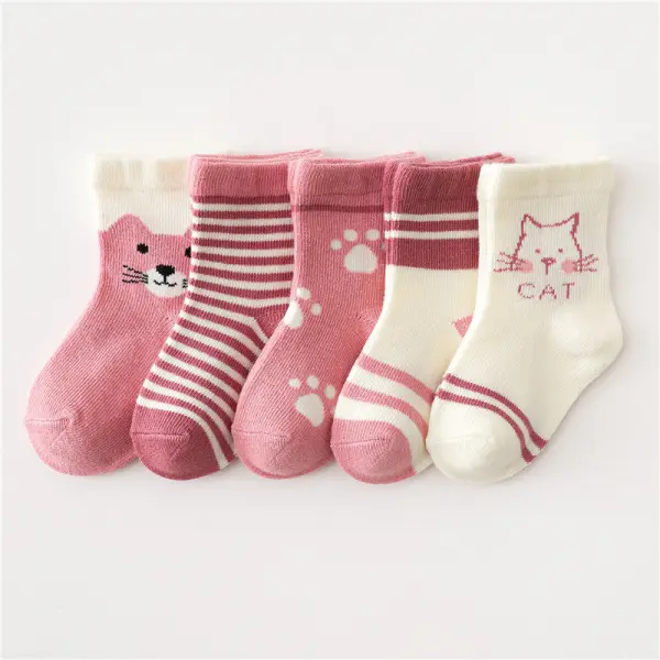 5 Pairs Of Cartoon Middle Tube Children's Socks Pink Cat - Popopiearab.com 