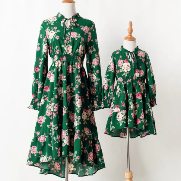 Sweet Green Flowers Long Sleeve Mom Girl Matching Dress - Popopiearab.com 