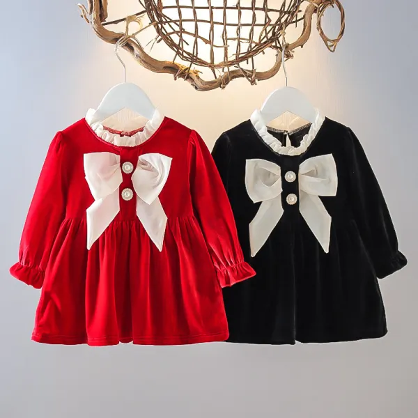 【12M-4Y】Girl Sweet Red Velvet Bowknot Long Sleeve Dress - Popopiearab.com 