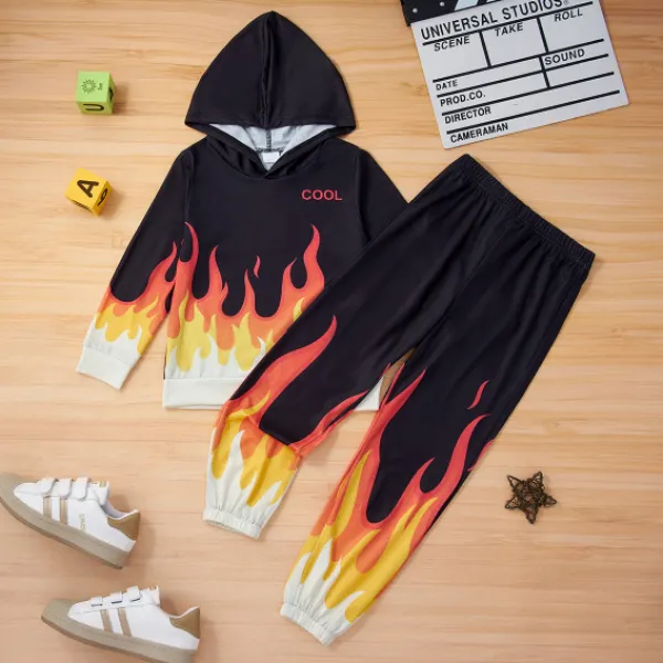 【4Y-13Y】 2-piece Boys Casual Fire Print Hooded Sweatshirt And Pants Set - Popopiearab.com 