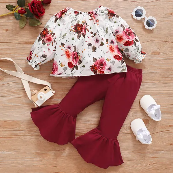 【3M-24M】 2-piece Baby Girl Sweet Floral Print Top And Flared Pants Set - Popopiearab.com 