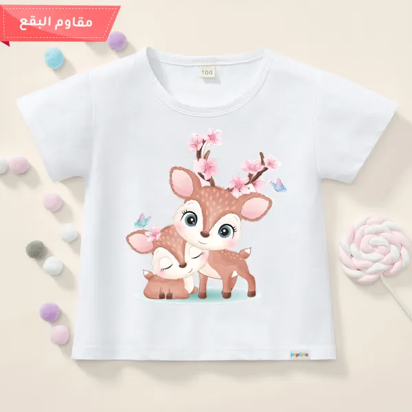 【12M-9Y】Girls Cotton Stain Resistant Fawn Pattern Short Sleeve Tee - Popopiearab.com 