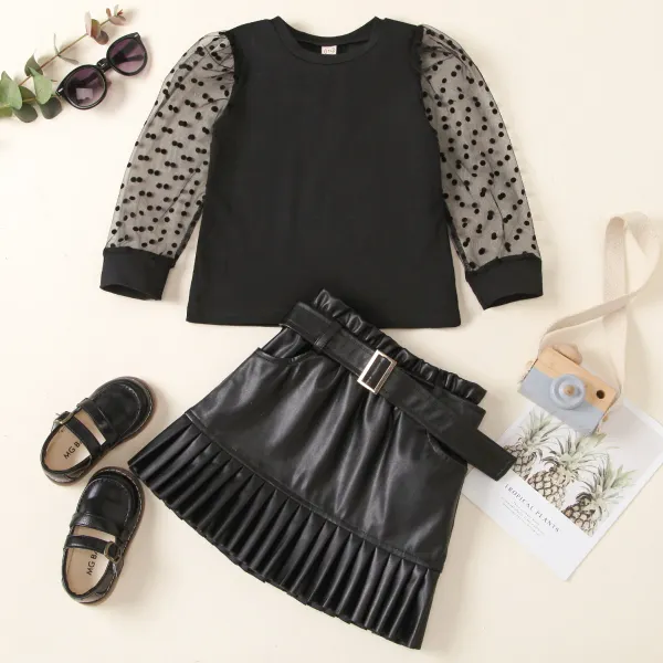 【2Y-9Y】2-piece Girl Casual Polka Dot Sleeve Black T-shirt And Faux Leather Skirt Set - Popopiearab.com 