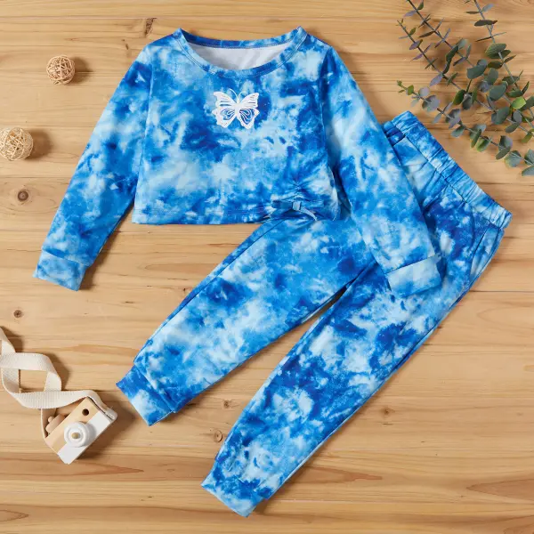 【18M-6Y】 2-piece Girl Casual Butterfly Print Blue Tie-dye Short Sweatshirt And Pants Set - Popopiearab.com 