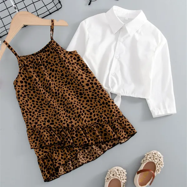 【18M-7Y】 2-piece Girl Casual Leopard Print Ruffled Sling Dress And White Short Shirt Set - Popopiearab.com 
