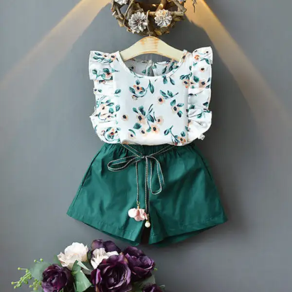 【18M-7Y】 Girls 2-piece Ruffled Ditsy Floral Tops And Shorts - Popopiearab.com 