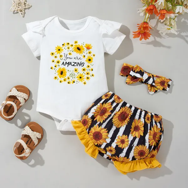 【0M-18M】 3-piece Baby Girl Flower And Watermelon And Letter Print Short-sleeved Romper And Shorts Set - Popopiearab.com 