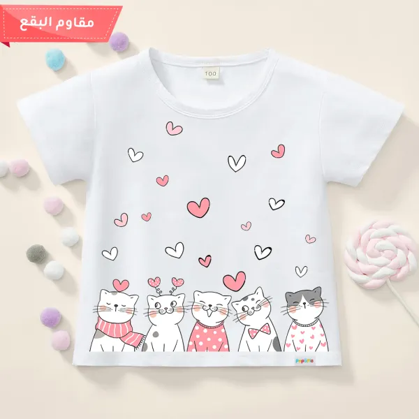 【12M-9Y】Girls Cotton Stain Resistant Cat Pattern Short Sleeve Tee - Popopiearab.com 