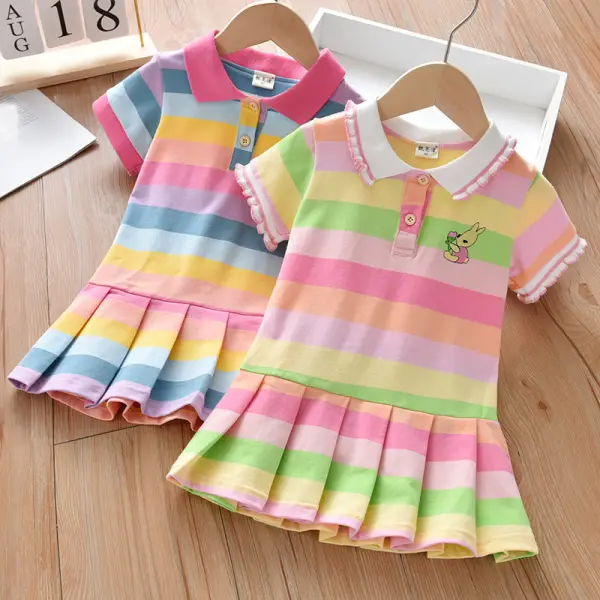 【18M-7Y】Girls Rainbow Striped Bunny Embroidered Short Sleeve Dress - Popopiearab.com 