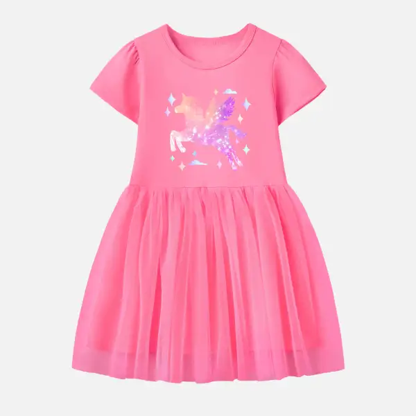 【12M-7Y】Girl Cotton Stain Resistant Unicorn Print Splicing Tulle Short Sleeve Dress Only $19.99 - Popopieshop.com 