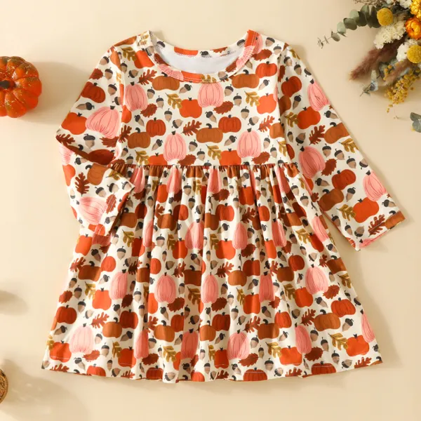 【9M-4Y】Girl Cute Halloween Cartoon Pumpkin Print Long Sleeve Dress - Thefolls.com 