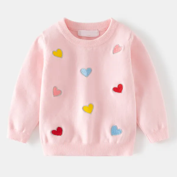 【2Y-8Y】Girls' Heart Embroidered Round Neck Long Sleeve Sweater - Thefolls.com 