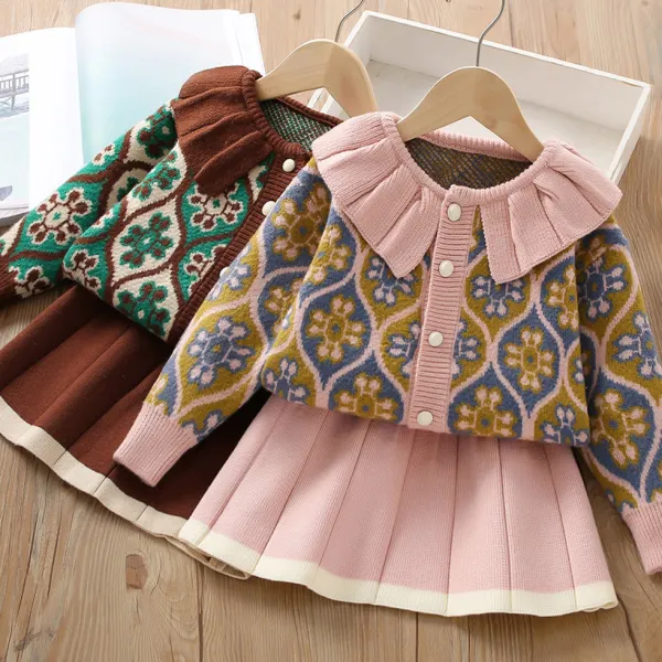 【18M-6Y】2-Piece Girls Vintage Floral Jacquard Lapel Sweater Cardigan And Skirt Set - Thefolls.com 