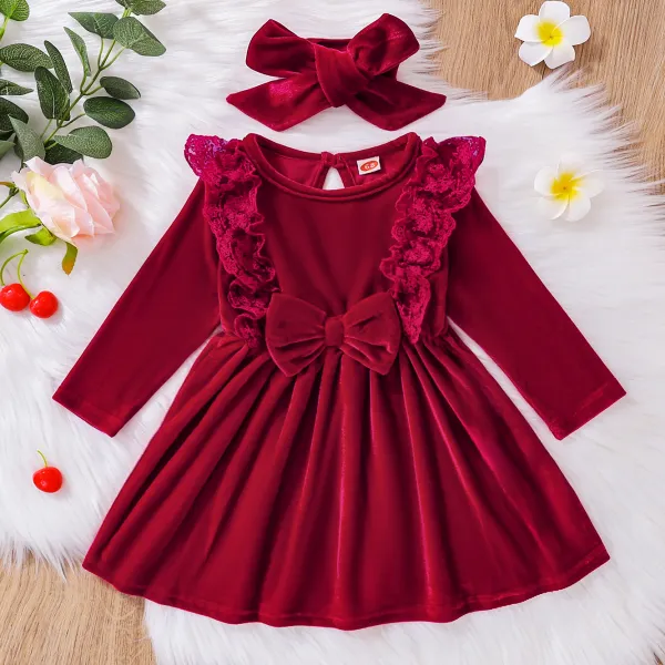 【3M24M】2piece Baby Girls Cute Lace Burgundy Velvet Dress With