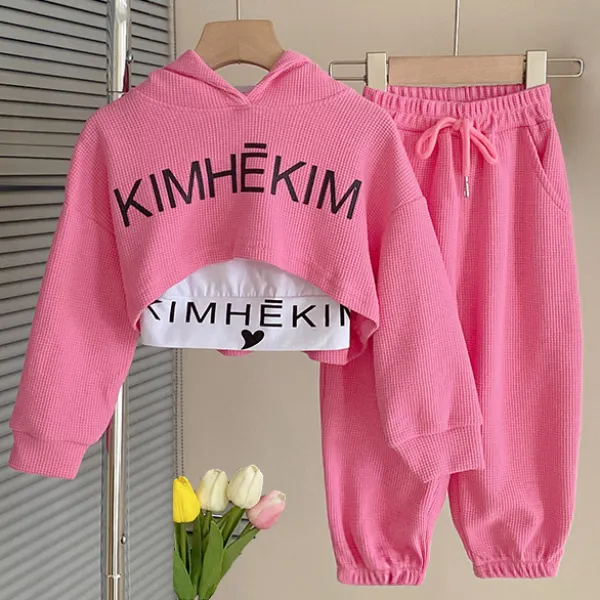 【18M-7Y】3-Piece Girls' Casual Letter Printed Vest And Hooded Sweatshirt And Pants Set - Thefolls.com 