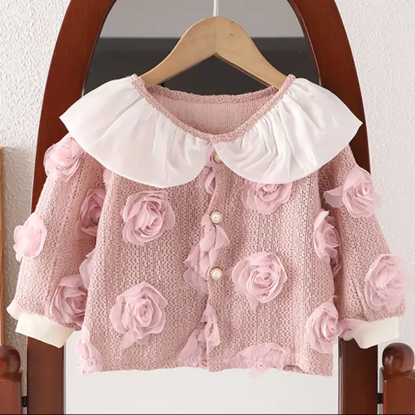 【12M-4Y】Girl Pink Rose Three-dimensional Flower Dollar Collar Color Colorblock Coat - Thefolls.com 