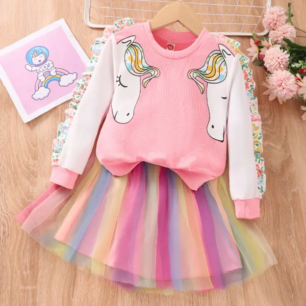 【18M-6Y】2-Piece Girl Sweet Unicorn Print Ruffle Round Neck Sweatshirt And Rainbow Tulle Skirt Set - Thefolls.com 