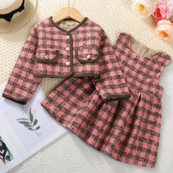 【18M-6Y】2-Piece Girls' Stylish Plaid Tweed Crop Cardigan And Sleeveless Dress Set - Thefolls.com 