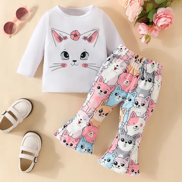 【6M-3Y】2-Piece Baby Girl Cute Cotton Cat Butterfly Print Long Sleeve T-Shirt And Flared Pants Set - Thefolls.com 