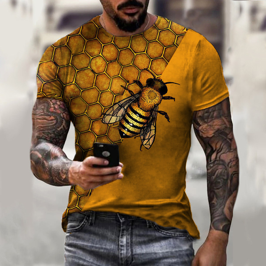 

Fashion men's colorblock bee print T-shirt