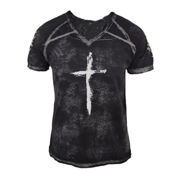 Mens Retro Christian Cross Short Sleeve T-Shirt - bravohit.com
