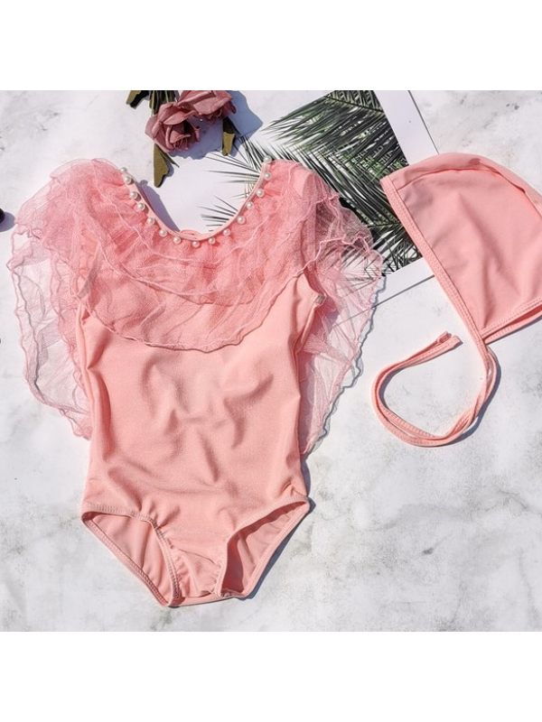 【12M-5Y】Girls Sweet Cute Mesh Bare-back One-piece Swimsuit