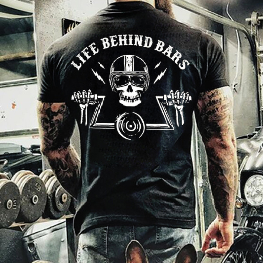 

Mens Skeleton Drive Motorcycle Life Behind Bars T-shirt