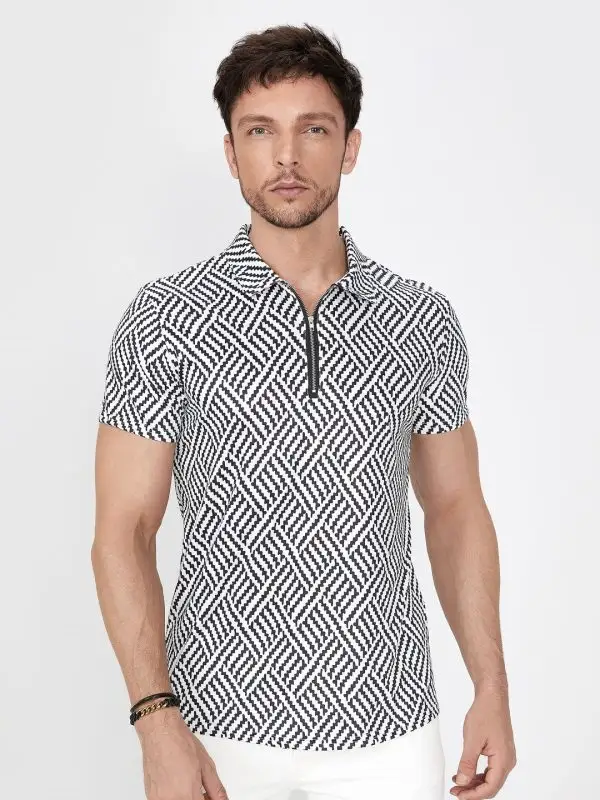 Black and white herringbone jacquard polo shirt