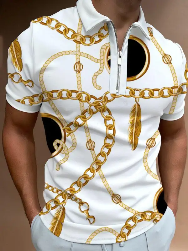 Short-sleeved polo shirt with chain pattern design - Oasisjoy.com 