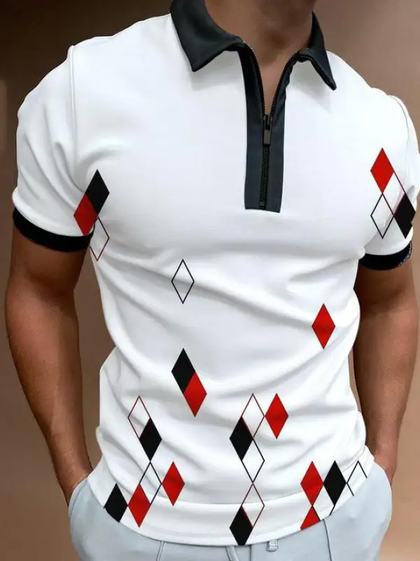 Check Color Block Art Short-sleeved Polo Shirt - Oasisjoy.com 