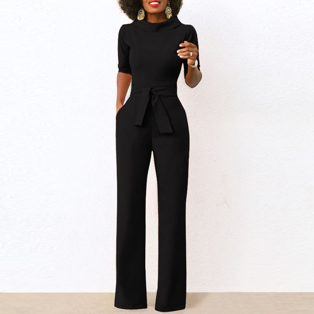 Short Sleeved Solid Color Round Collar Jumpsuit With Belt