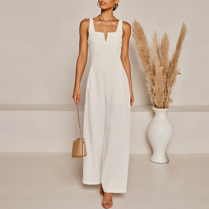 Casual Fashion Solid Color Sling V Neck Jumpsuit