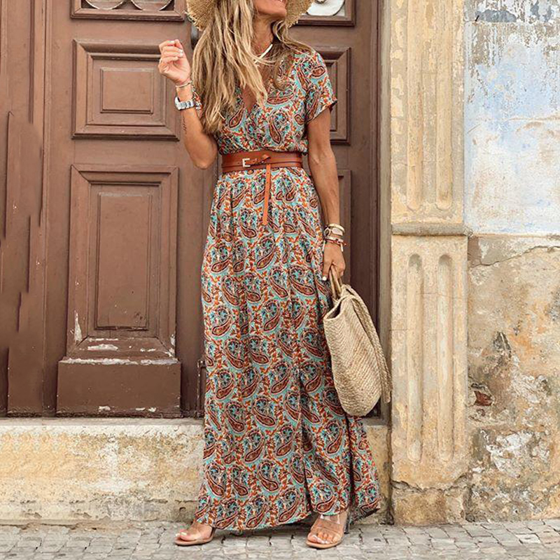 V neck Short Sleeve Floral Print Split Wrap Dress