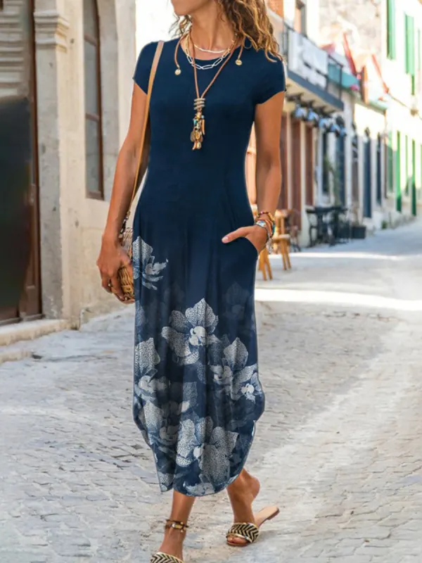 Ladies Round Neck Print Fashion Maxi Dress - Oasisjoy.com 