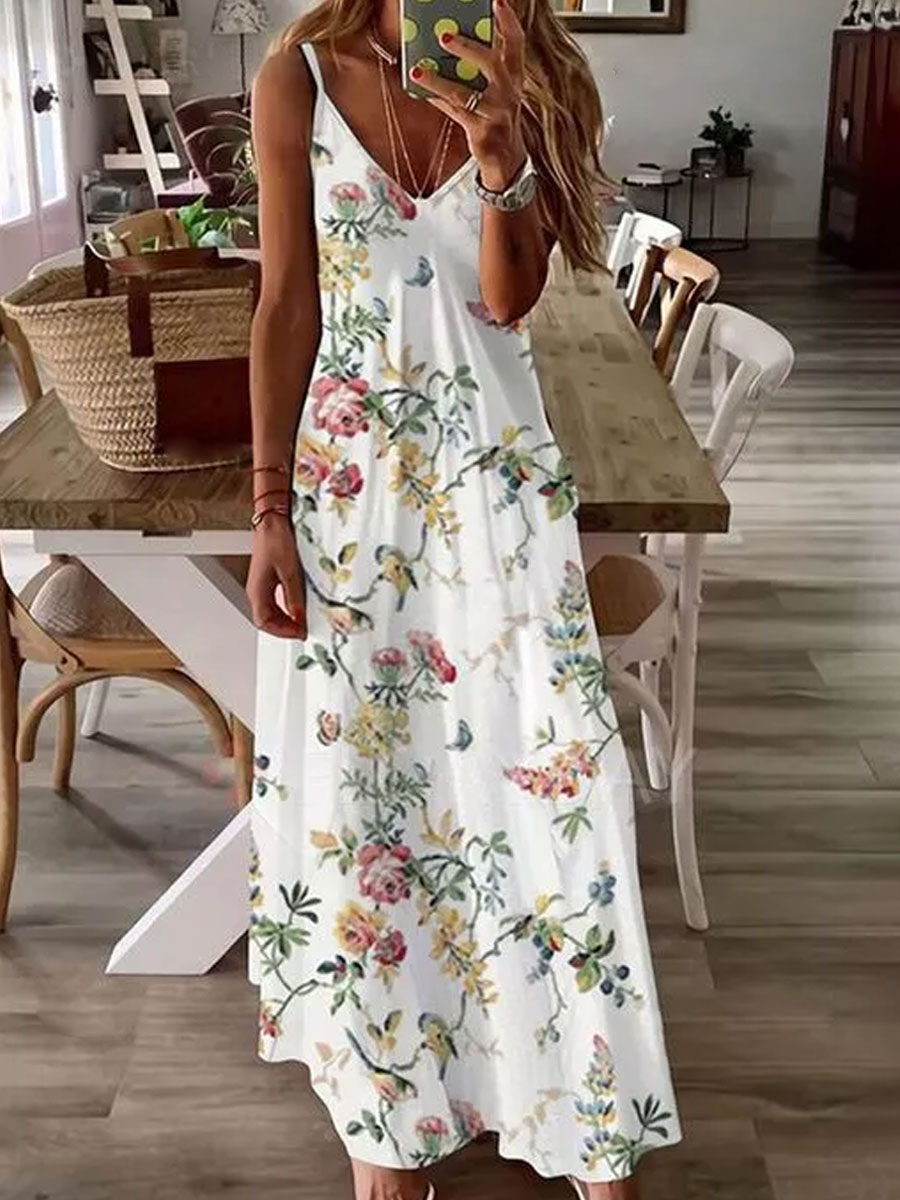 V neck Floral Print Loose Sleeveless Maxi Dress
