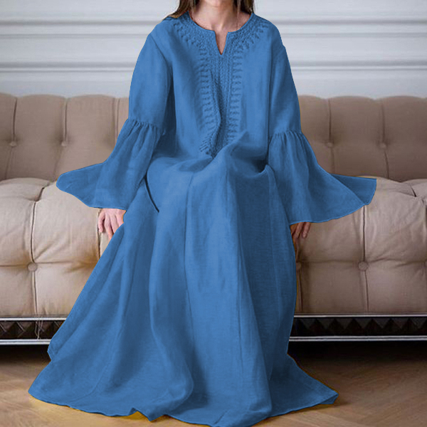 Casual V neck Flared Sleeve Cotton Dress