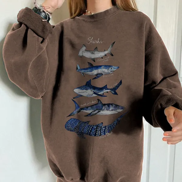 Vintage Casual Long-sleeved Whale Print Sweatshirt - Ootdyouth.com 