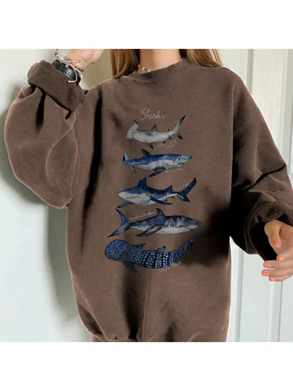 Vintage Casual Long-sleeved Whale Print Sweatshirt - Ootdmw.com 